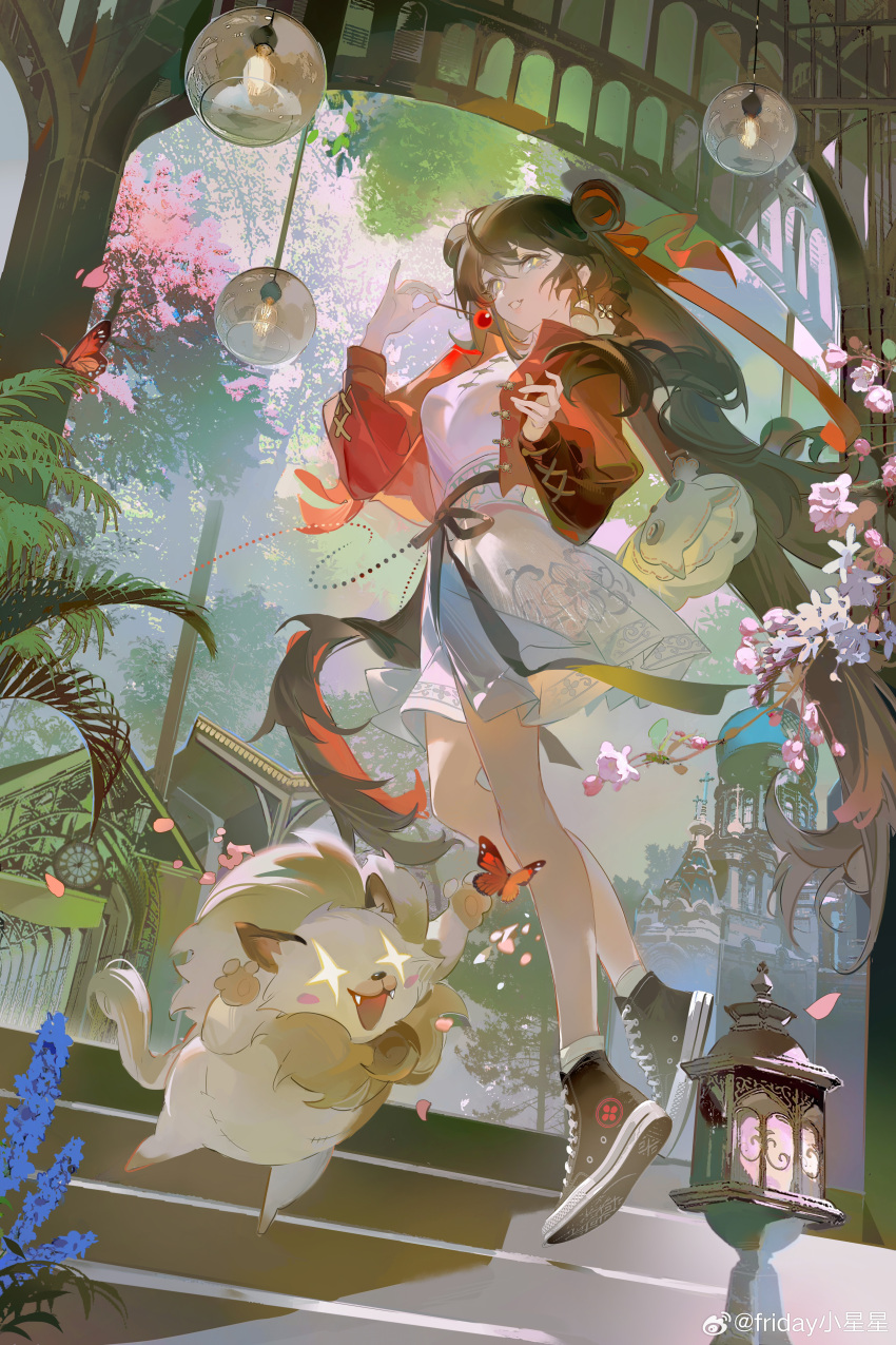 +_+, 1girl, absurdres, animal_bag, arch, black_footwear, black_hair, bug, butterfly, candy, cat, cat_bag, double_bun, dress, fang, flower, food, friday_xiao_xingxing, full_body, grin, guang_(guilongchao), guilongchao, hair_bun, hands_up, highres, holding, holding_candy, holding_food, holding_lollipop, jacket, jumping, lollipop, long_hair, long_sleeves, looking_at_viewer, pink_flower, plant, puffy_long_sleeves, puffy_sleeves, red_butterfly, red_jacket, shoes, short_dress, smile, sneakers, socks, solo, stairs, tree, twintails, very_long_hair, weibo_logo, weibo_watermark, white_dress, white_socks, yellow_eyes