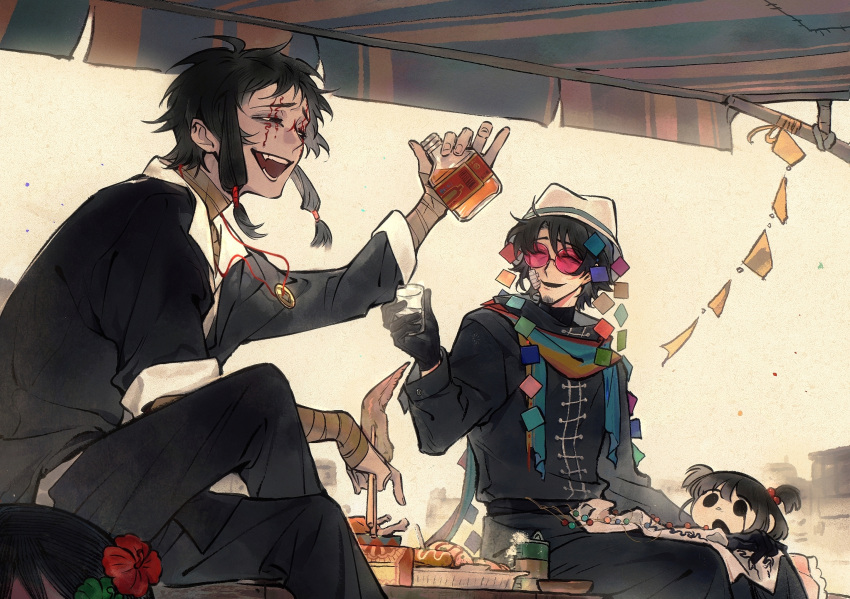 1girl, 2boys, bandaged_arm, bandages, belt, black_belt, black_coat, black_eyes, black_gloves, black_hair, black_jacket, black_pants, chinese_commentary, closed_eyes, coat, coin, coin_on_string, commentary_request, cup, dress, facial_tattoo, food, gauze, gauze_on_cheek, gloves, hair_bobbles, hair_ornament, hat, heizuo955, highres, holding, holding_cup, holed_coin, huai_huizhi, huai_yunqing, jacket, jewelry, multicolored_clothes, multicolored_scarf, multiple_boys, necklace, open_clothes, open_jacket, open_mouth, outdoors, pants, pink-tinted_eyewear, pink_dress, round_eyewear, scarf, shirt, short_hair, short_hair_with_long_locks, short_twintails, sitting, smile, tattoo, tinted_eyewear, touqi_guaitan, twintails, white_hat, white_shirt, ziche_fuzhao