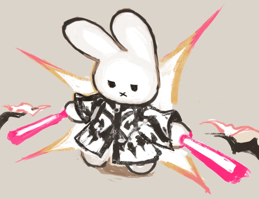 1girl, :x, animal_ears, beam_saber, beam_weapon, cloak, cosplay, english_commentary, holding, holding_weapon, jacket, kingdom_hearts, kingdom_hearts_ii, long_sleeves, miffy, miffy_(character), print_jacket, rabbit, rabbit_ears, simple_background, snoozaga, weapon, x_mouth, xemnas, xemnas_(cosplay), zipper_pull_tab