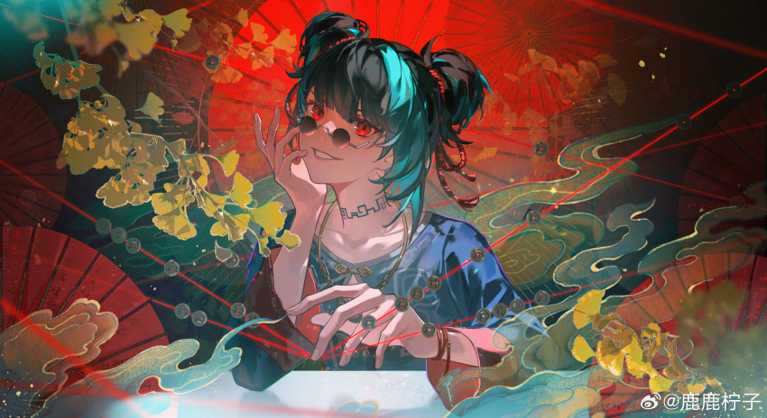 1girl, absurdres, aqua_hair, autumn_leaves, black_background, black_hair, blue_shirt, changmingsuo