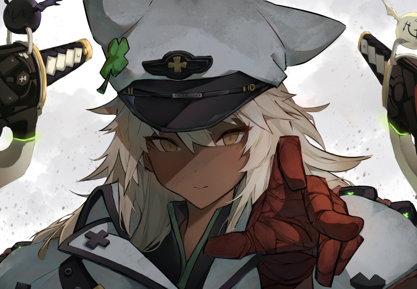 1girl, absurdres, bandaged_arm, bandages, cloak, clover, dark-skinned_female, dark_skin