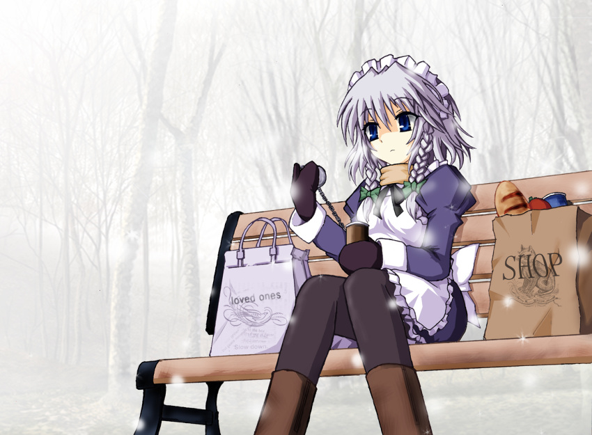 bag, bench, blue_eyes, boots, braid, bread, can, chair
