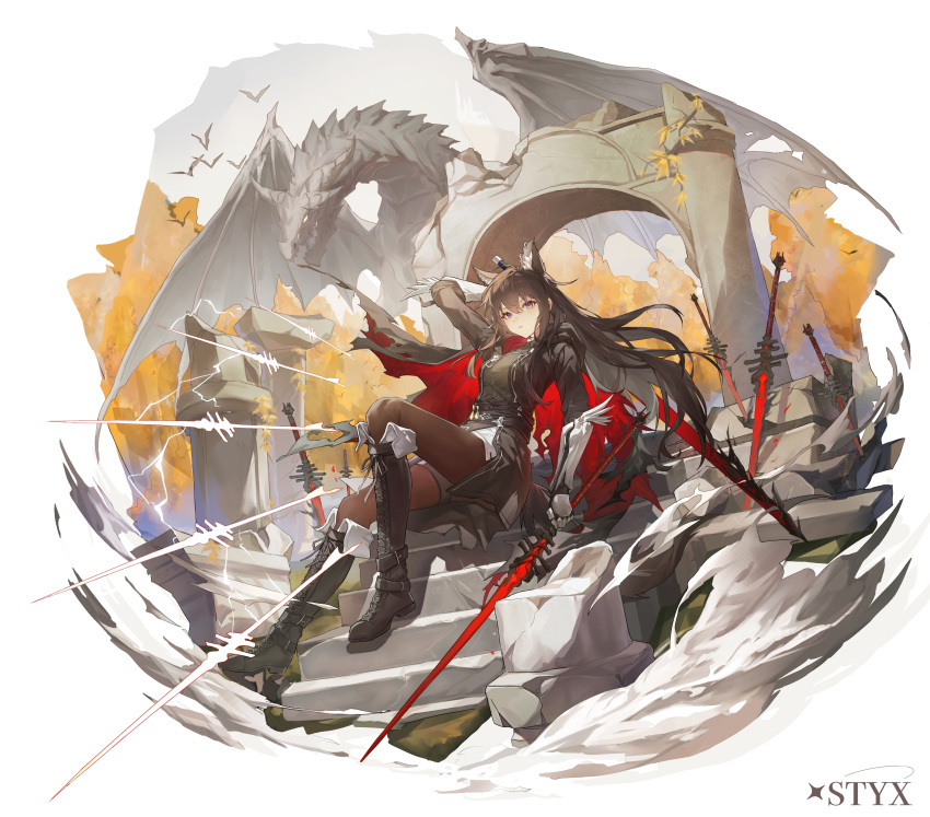 1girl, absurdres, animal_ear_fluff, animal_ear_piercing, animal_ears, arch, arknights, arm_up, artist_name, black_cape, black_footwear, black_hair, black_jacket, black_shirt, blue_eyes, boots, cape, commentary_request, cross-laced_footwear, dragon, gauntlets, highres, holding, holding_sword, holding_weapon, hood, hood_down, hooded_jacket, jacket, knee_up, long_hair, long_sleeves, looking_at_viewer, multiple_swords, open_clothes, open_jacket, orange_eyes, parted_lips, pillar, red_cape, shirt, simple_bird, solo, stairs, styx_mo_yu, sword, tail, texas_(arknights), texas_the_omertosa_(arknights), texas_the_omertosa_(wingbreaker)_(arknights), torn_cape, torn_clothes, two-tone_cape, two-tone_eyes, very_long_hair, weapon, wide_shot, wolf_ears, wolf_girl, wolf_tail