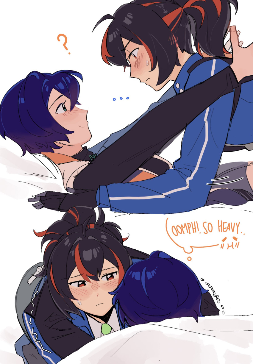 ..., 2girls, ?, arms_around_neck, belle_(zenless_zone_zero), black_hair, black_jacket, blue_eyes, blue_hair, blue_jacket, blush, closed_mouth, commentary, ear_blush, eimikosmoothie, english_commentary, english_text, eye_contact, highres, jacket, long_hair, long_sleeves, looking_at_another, multicolored_hair, multiple_girls, on_bed, ponytail, red_eyes, redhead, short_hair, simple_background, smile, streaked_hair, sweatdrop, thought_bubble, white_background, yuri, zenless_zone_zero, zhu_yuan