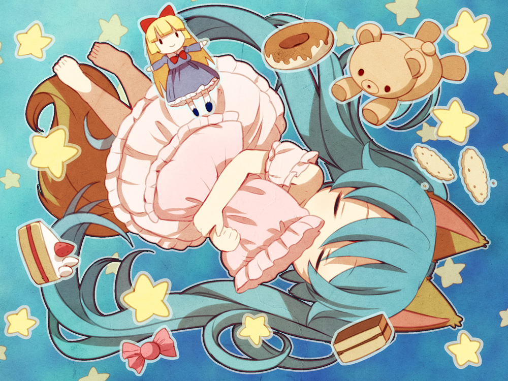 cake, candy, chaba_(hortensia), child, doll, donus, doughnut, food, hatsune_miku, sleeping, star, stuffed_toy, vocaloid