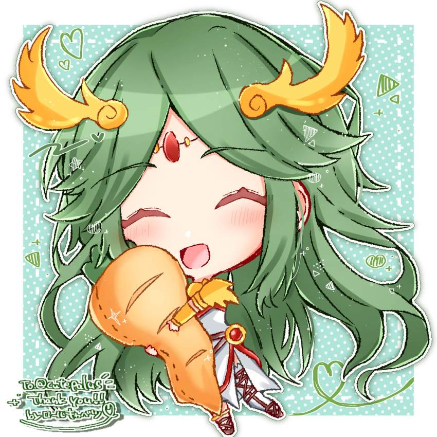 1girl, carrot, chibi, closed_eyes, commission, diadem, food, green_hair, heart, highres, holding, holding_food, holding_vegetable, kid_icarus, kid_icarus_uprising, nanashi_(pos_t_0w0), outline, oversized_food, oversized_object, palutena, second-party_source, skeb_commission, solo, stuffed_food, vegetable, white_outline