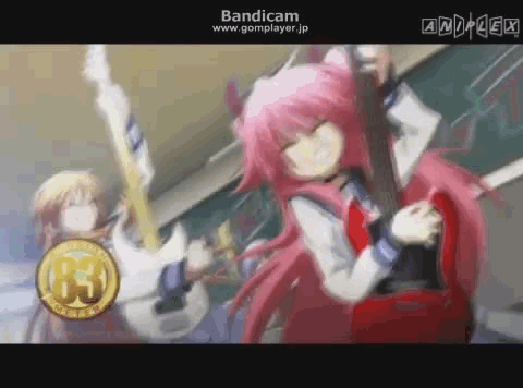 3girls, angel_beats!, bass_guitar, cap, closed_eyes, drum, drumsticks, electric_guitar