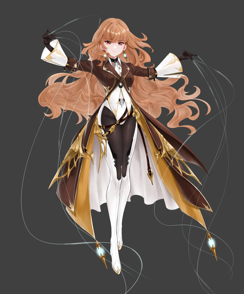 1girl, absurdres, belt, belt_buckle, black_gloves, bodysuit, brown_coat, buckle, coat, earrings, gloves, glowing, glowing_earrings, grey_background, highres, holding, holding_string, jewelry, jie_tou_deng_shan_ke, light_smile, long_coat, long_hair, looking_at_viewer, multiple_belts, no_nose, open_cuffs, orange_hair, red_eyes, showgirl_skirt, simple_background, string, very_long_hair