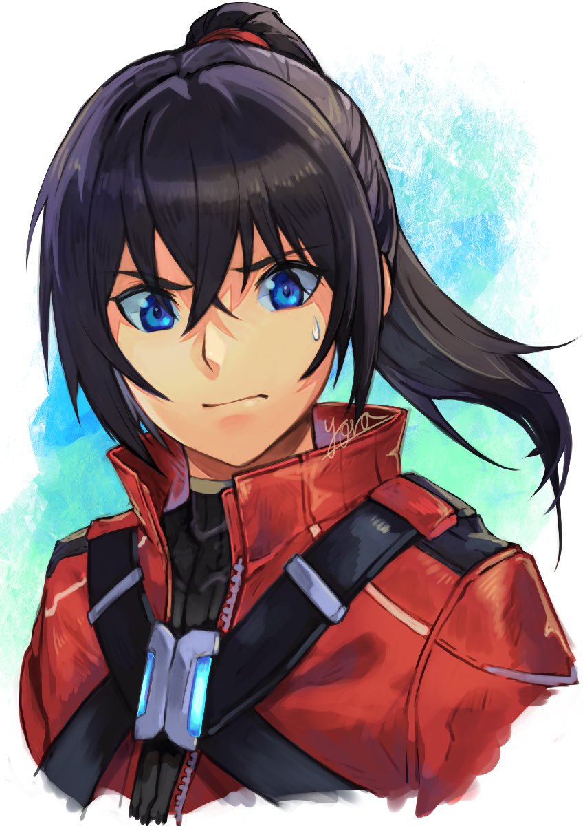 1boy, black_hair, blue_background, blue_eyes, border, closed_mouth, commentary_request, crossed_bangs