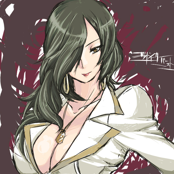 amemiya_tsubaki, breasts, cleavage, collarbone, earrings, god_eater, god_eater_burst, green_hair