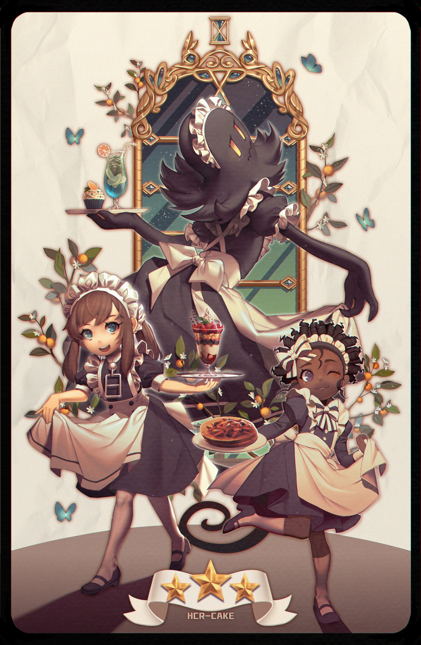 1boy, 2girls, :d, :|, ;3, a_hat_in_time, alternate_costume, apron, artist_name, back_bow, black_dress, black_footwear, black_hair, blue_eyes, blueberry, bow, bow_hairband, bow_kid, bowtie, branch, brown_hair, bug, butterfly, buttons, cakehcr, check_commentary, child, chinese_commentary, closed_mouth, colored_sclera, commentary_request, crossdressing, cup, cupcake, curly_hair, dark-skinned_female, dark_skin, dress, drinking_glass, drinking_straw, fangs, fewer_digits, floating, flower, food, frilled_dress, frilled_headwear, frills, fruit, full_body, ghost, ghost_tail, glass, gradient_sclera, hair_ornament, hair_scrunchie, hairband, hat_kid, high_heels, highres, holding, holding_apron, holding_plate, holding_tray, hurricane_glass, ice, ice_cream, ice_cube, kneehighs, leaf, lemon, lemon_slice, lifting_own_clothes, long_sleeves, looking_at_viewer, looking_back, maid, maid_headdress, mary_janes, medium_hair, multicolored_eyes, multicolored_sclera, multiple_girls, one_eye_closed, open_mouth, orange_(fruit), orange_sclera, orange_slice, pancake, paper_background, plate, ponytail, scrunchie, shadow, shoes, short_hair, short_sleeves, sidelocks, skin_fangs, smile, snatcher_(a_hat_in_time), socks, standing, standing_on_one_leg, star_(symbol), strawberry, striped_bow, sundae, thigh-highs, tray, very_dark_skin, violet_eyes, wafer_stick, whipped_cream, white_apron, white_bow, white_flower, white_hairband, white_headdress, white_socks, white_thighhighs, window, yellow_sclera, zipper_pull_tab