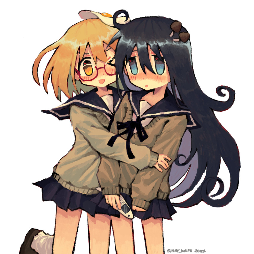 >_o, 2girls, absurdres, artist_name, black_hair, black_ribbon, black_skirt, blonde_hair