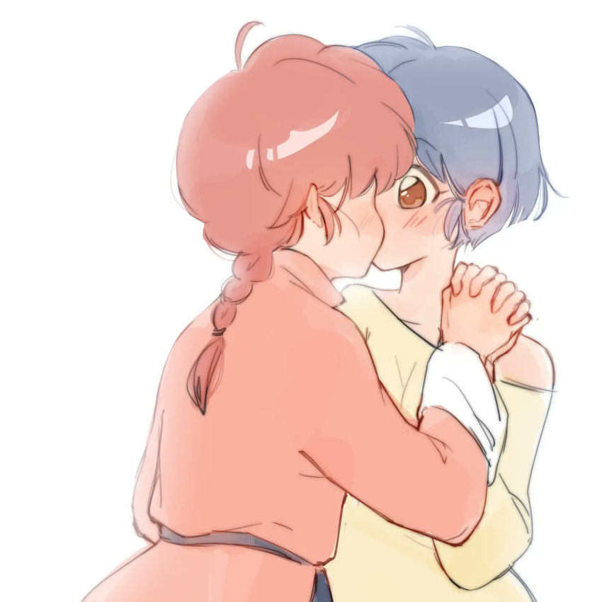 2girls, blue_hair, blush, braid, braided_ponytail, brown_eyes, chinese_clothes, highres, holding_hands, hug, kiss, mariadraws97, multiple_girls, ranma-chan, ranma_1/2, short_hair, simple_background, tangzhuang, tendou_akane, white_background, yuri