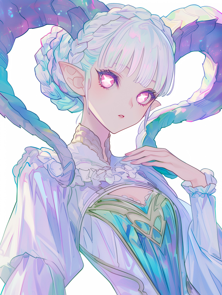 1girl, absurdres, ai-generated, braid, bright_pupils, crown_braid, demon_horns, eyelashes