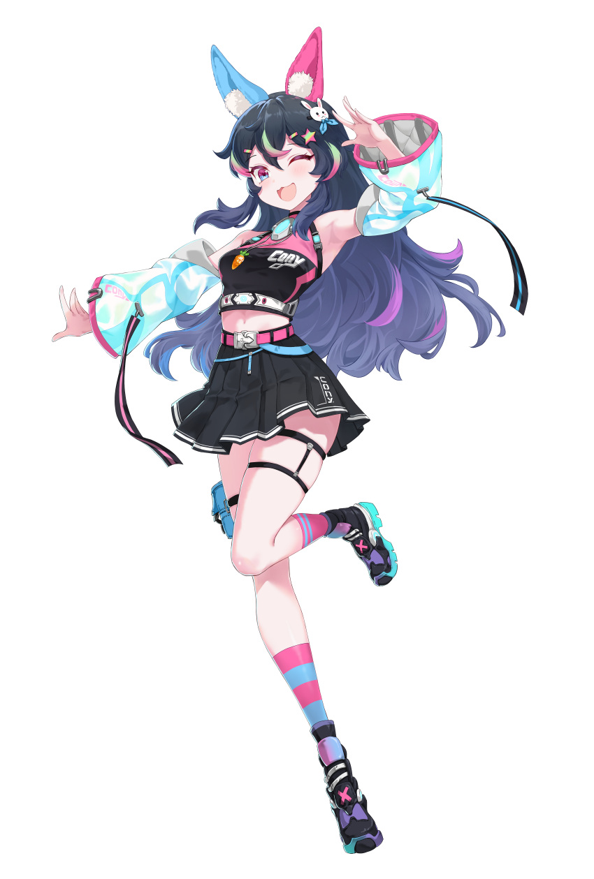 1girl, absurdres, animal_ear_fluff, animal_ears, arm_up, armpits, bare_shoulders, belt, black_skirt, breasts, buckle, carrot_necklace, commission, detached_sleeves, dot_nose, gradient_hair, hair_ornament, hairclip, high_tops, highres, jewelry, jie_tou_deng_shan_ke, light_blush, long_hair, looking_at_viewer, mascot, midriff, miniskirt, mismatched_animal_ear_colors, mismatched_socks, multicolored_eyes, multicolored_hair, navel, necklace, one_eye_closed, open_mouth, original, pink_belt, pleated_skirt, pouch, rabbit_hair_ornament, shoes, sidelocks, simple_background, skirt, sleeveless, small_breasts, smile, sneakers, socks, star_(symbol), star_hair_ornament, streaked_hair, striped_clothes, striped_socks, thigh_pouch, thigh_strap, very_long_hair, white_background