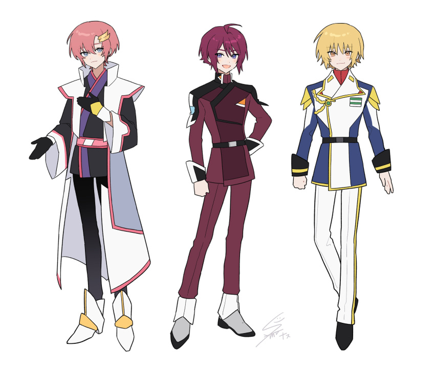 3boys, absurdres, ahoge, black_gloves, blonde_hair, blue_eyes, cagalli_yula_athha, compass_uniform