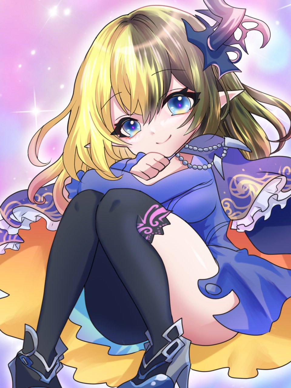 asymmetrical_footwear, asymmetrical_legwear, black_hair, blonde_hair, blue_eyes, capelet, deneb_(shironeko_project), fetal_position