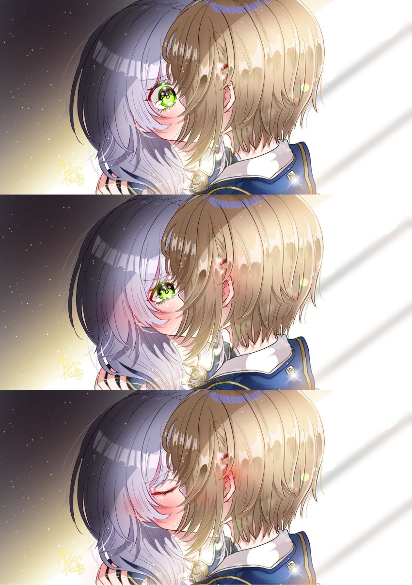 2girls, blonde_hair, blue_jacket, goslingwallows, green_eyes, grey_hair, hair_ornament, hair_over_shoulder, hairclip, heaven_burns_red, highres, izumi_yuki_(heaven_burns_red), jacket, kayamori_ruka, kiss, long_hair, multiple_girls, shirt, short_hair, white_shirt, yuri