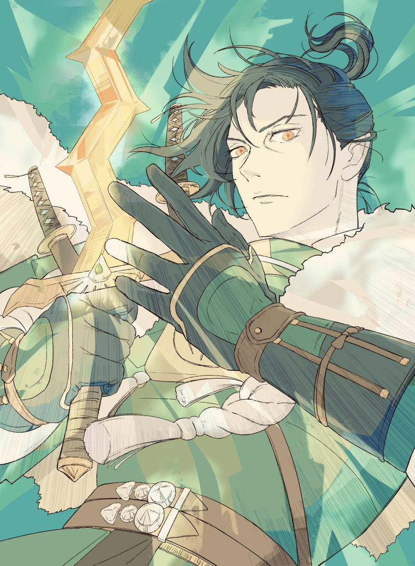 1boy, aqua_background, armor, arms_up, belt, black_gloves, blue_hair, brown_belt