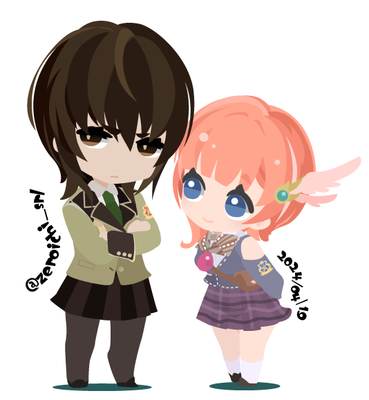 01_(zeroichi_srl), 2girls, atelier_(series), atelier_resleriana, atelier_rorona, averting_eyes, black_pantyhose, black_skirt, blazer, blue_eyes, brown_eyes, brown_hair, chibi, crossed_arms, dated, eren_k._st._burg, feather_hair_ornament, feathers, full_body, green_jacket, hair_ornament, jacket, long_sleeves, looking_at_another, multiple_girls, no_lineart, official_alternate_costume, orange_hair, pantyhose, plaid_clothes, plaid_skirt, pleated_skirt, purple_skirt, rorolina_frixell, rorolina_frixell_(joyful_leader), school_uniform, shoes, short_hair, simple_background, skirt, smile, socks, standing, twitter_username, white_background, white_socks