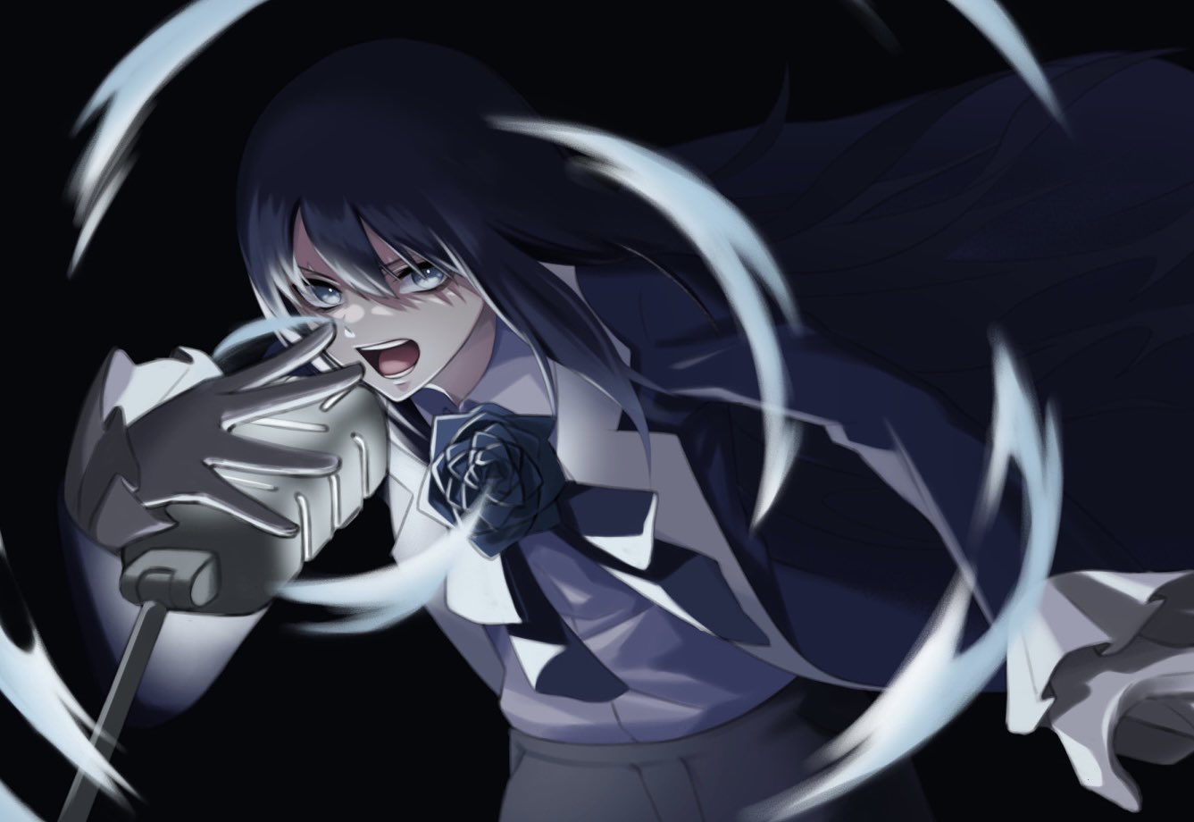 1girl, ado_(utaite), black_background, black_pants, blue_coat, blue_eyes, blue_hair, blue_rose