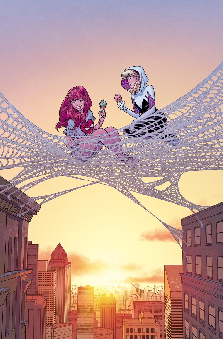 2girls, black_bodysuit, blonde_hair, bodysuit, building, city, food, gwen_stacy, hood, hooded_bodysuit, ice_cream, long_hair, marvel, mary_jane_watson, multicolored_bodysuit, multicolored_clothes, multiple_girls, outdoors, pink_bodysuit, redhead, russell_dauterman, shirt, silk, skyscraper, spider-gwen, spider-man_(series), spider_web, sunset, white_bodysuit, white_shirt