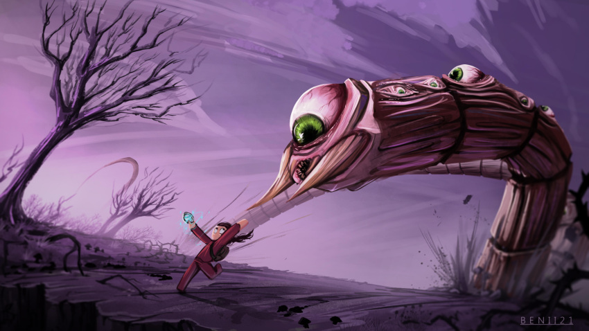 1other, absurdres, bare_tree, benii21, eater_of_worlds_(terraria), extra_eyes, green_eyes, highres