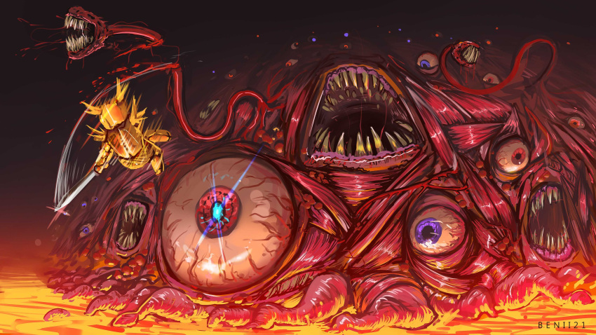 1other, absurdres, armor, benii21, blue_eyes, commentary, english_commentary, extra_ears, extra_mouth, heterochromia, highres, holding, holding_sword, holding_weapon, lava, monster, open_mouth, player_character_(terraria), red_eyes, sharp_teeth, signature, sword, teeth, terraria, wall_of_flesh, weapon