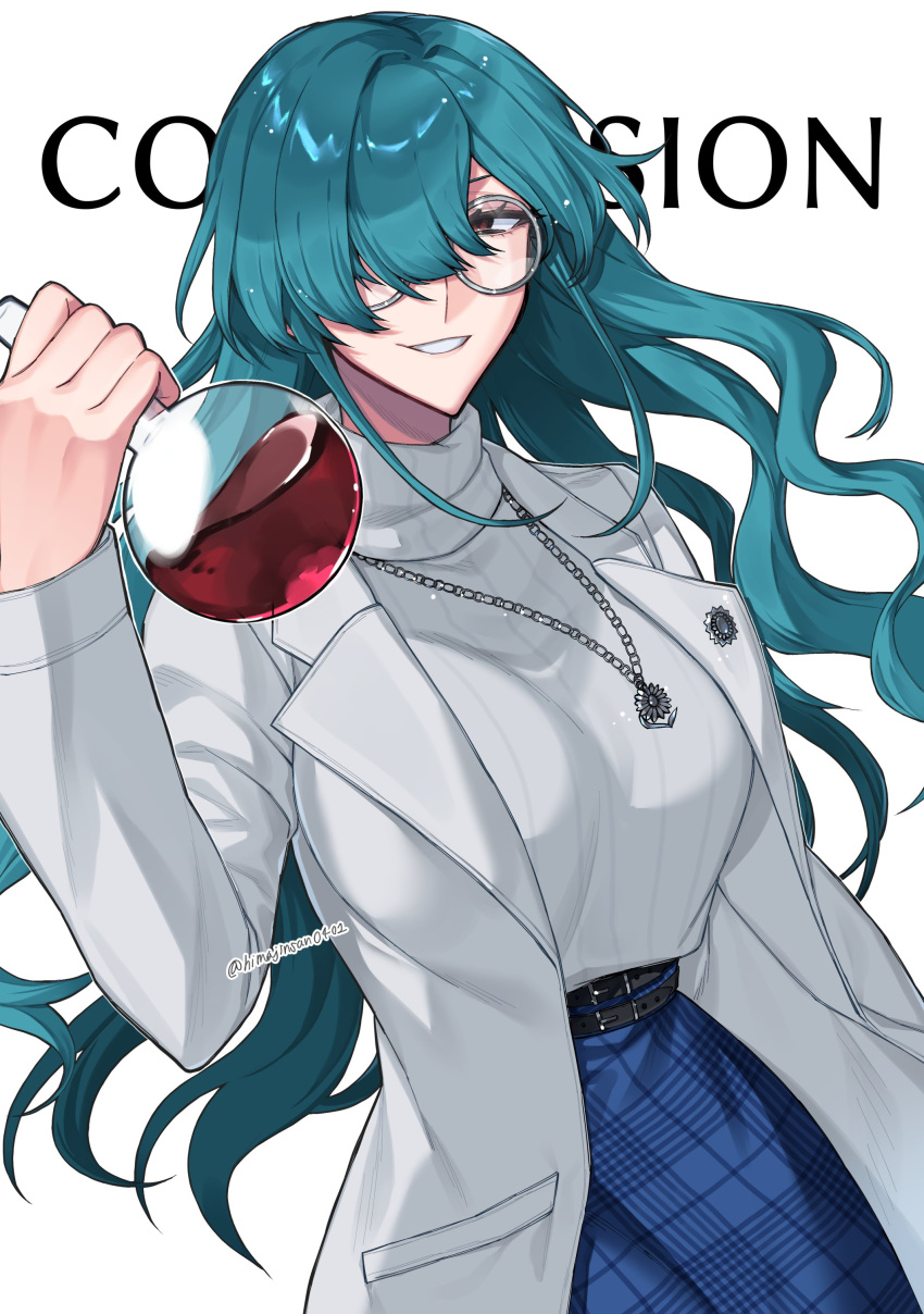1girl, absurdres, blue_skirt, coat, commentary_request, commission, flask, green_hair