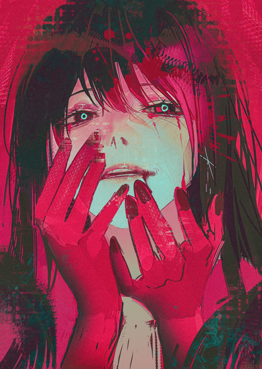 1girl, absurdres, andi_1021, black_hair, blood, blood_on_face, blue_pupils, breasts