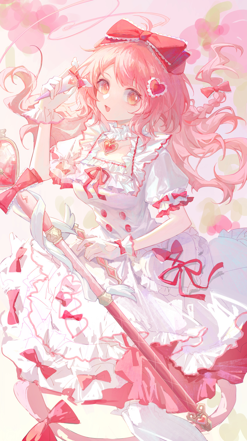 1girl, :d, absurdres, animal_ears, arknights, bow, braid, brooch