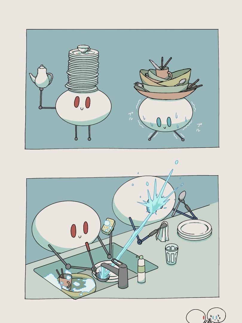 all-around_cleaner, all-around_helper, blue_background, blue_eyes, bowl, cleaning, closed_mouth, cup