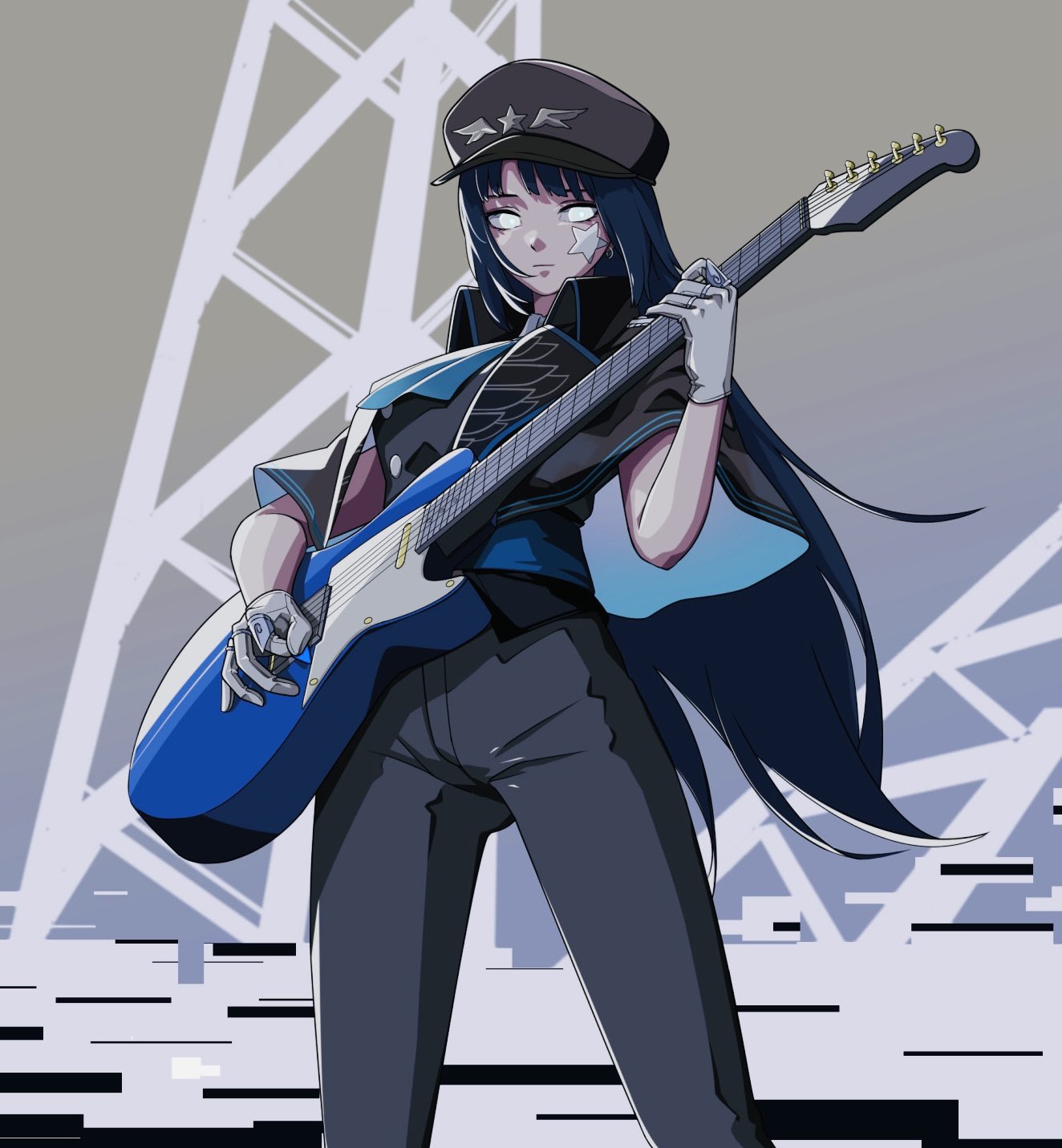 1girl, ado_(utaite), ascot, black_capelet, black_hat, black_pants, black_vest, blue_ascot, blue_hair, bright_pupils, capelet, chando_(ado), closed_mouth, commentary, cosplay, egoist_tosummer, facial_mark, freedom-chan_(ado), freedom-chan_(ado)_(cosplay), freedom_(ado), gloves, guitar, hat, highres, holding, holding_guitar, holding_instrument, holding_plectrum, instrument, jewelry, long_hair, multiple_rings, pants, plectrum, ring, solo, star_(symbol), star_facial_mark, utaite, vest, white_eyes, white_gloves, white_pupils