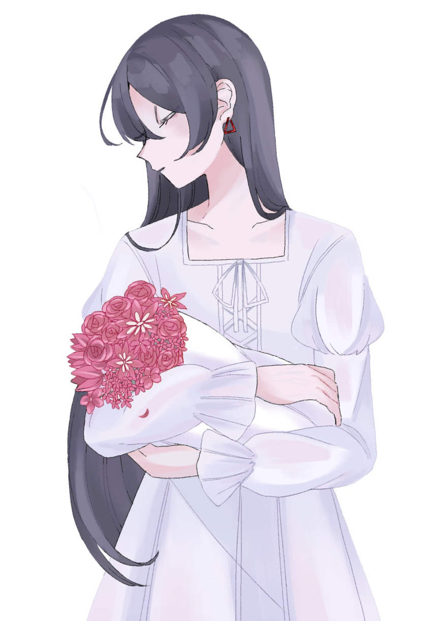 1girl, black_hair, bouquet, closed_eyes, dress, earrings, flower, hair_around_ear