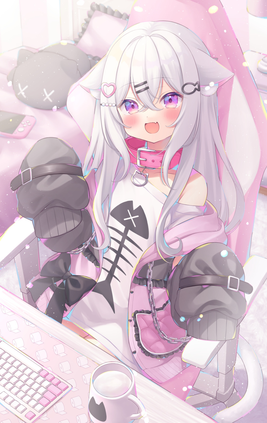 1girl, :d, absurdres, animal_ear_fluff, animal_ears, bed, bedroom, black_jacket, cat_ears, cat_girl, cat_tail, chair, collar, computer_keyboard, cup, desk, ears_down, erunoto, fang, fish_bone_print, frilled_pillow, frills, gaming_chair, grey_hair, handheld_game_console, highres, indie_virtual_youtuber, jacket, long_hair, long_sleeves, looking_at_viewer, mitarai_komoru, mug, multicolored_clothes, multicolored_jacket, no_pants, off_shoulder, open_clothes, open_jacket, open_mouth, pillow, pink_collar, pink_jacket, shirt, sitting, skin_fang, sleeves_past_fingers, sleeves_past_wrists, smile, stuffed_animal, stuffed_cat, stuffed_toy, swivel_chair, tail, two-tone_jacket, violet_eyes, virtual_youtuber, white_hair, white_shirt