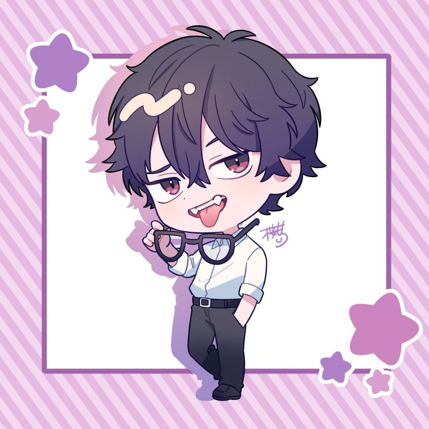 1boy, absurdres, belt, black_belt, black_hair, black_pants, character_request, chibi