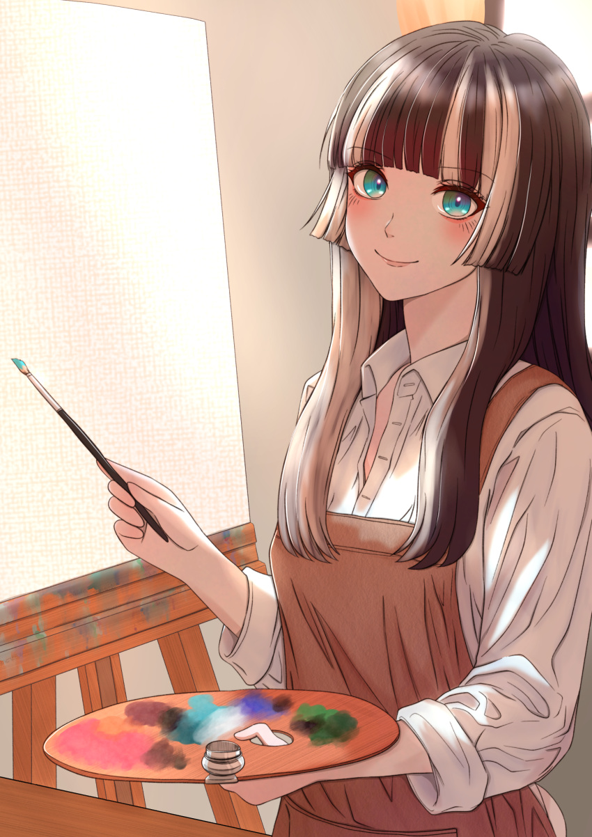 apron, blue_eyes, blush, brown_apron, brown_hair, canvas_(object), collared_shirt, easel