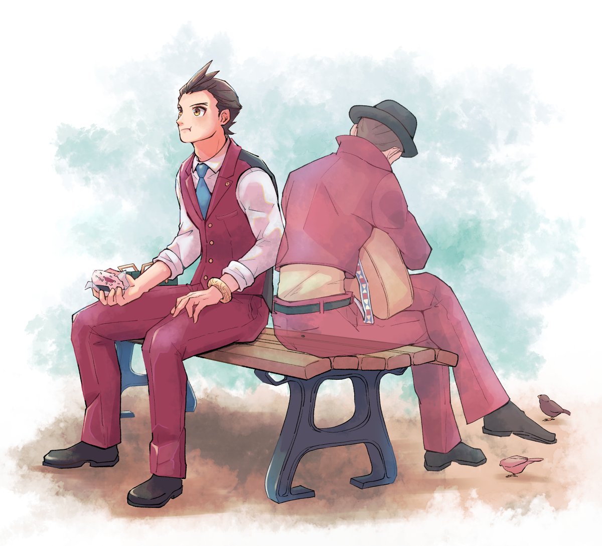 2boys, ace_attorney, apollo_justice, apollo_justice:_ace_attorney, black_hat, blue_necktie, brown_eyes, brown_hair