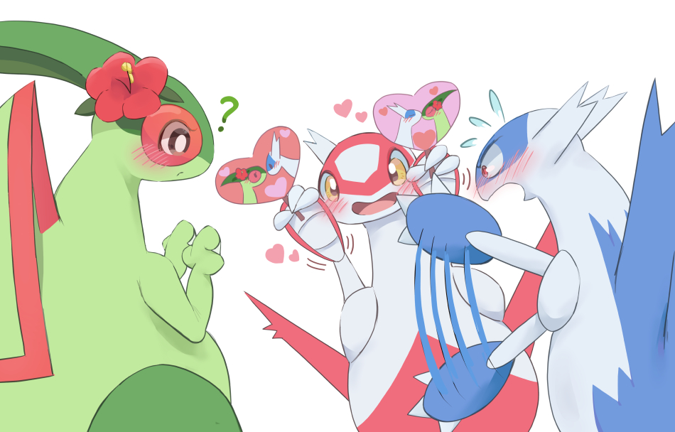 blush, claws, flower, flygon, heart, kiss, latias, latios, mosseso_sefu, motion_lines, no_humans, open_mouth, pokemon, pokemon_(creature), red_eyes, simple_background, wings, yellow_eyes