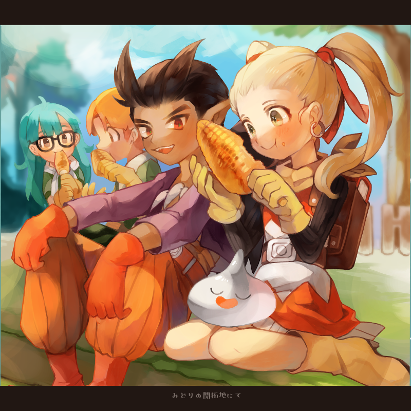 2girls, 3boys, antenna_hair, aqua_hair, backpack, bag, belt, black_sleeves