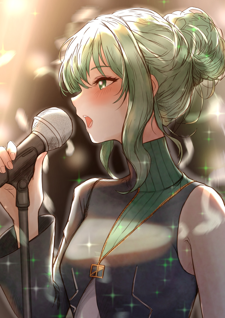 absurdres, asymmetrical_jacket, bare_shoulders, blunt_bangs, blurry, blurry_background, blush, green_eyes