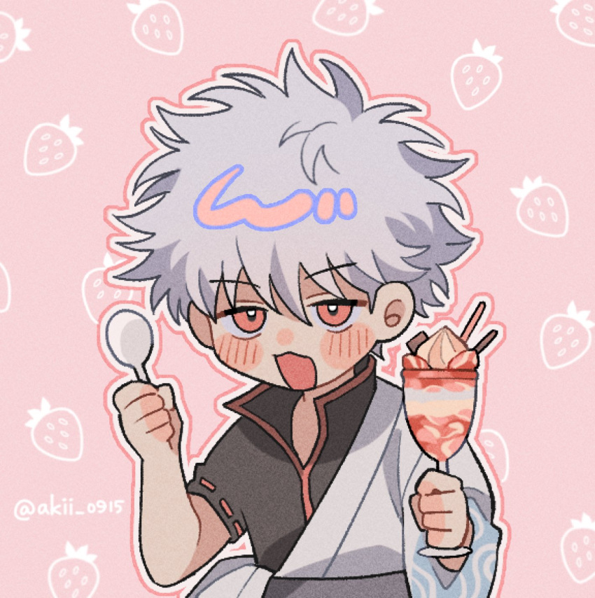 1boy, :3, :d, akii_0915, artist_name, black_shirt, blush_stickers, cup, food, gintama, grey_hair, hair_between_eyes, highres, holding, holding_cup, holding_food, holding_spoon, looking_at_viewer, male_focus, open_mouth, outline, pink_background, red_eyes, red_outline, robe, sakata_gintoki, shirt, short_hair, short_sleeves, smile, solo, spoon, strawberry_background, strawberry_parfait, twitter_username, upper_body, white_outline, white_robe