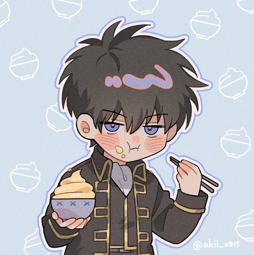 1boy, akii_0915, artist_name, ascot, black_hair, black_jacket, blue_background, blue_eyes