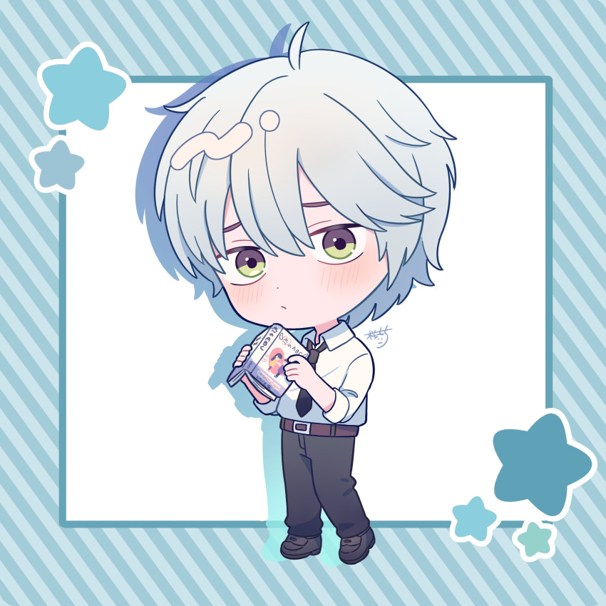 1boy, absurdres, ahoge, belt, black_necktie, black_pants, blush, book