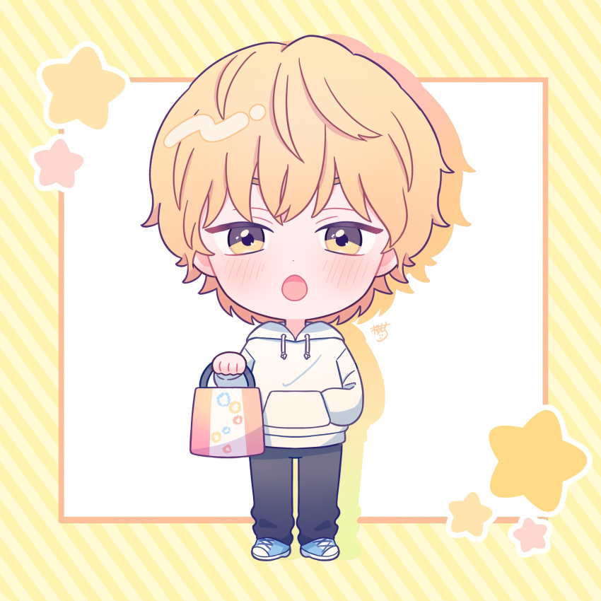 1boy, absurdres, bag, black_pants, blonde_hair, blue_footwear, blush, character_request
