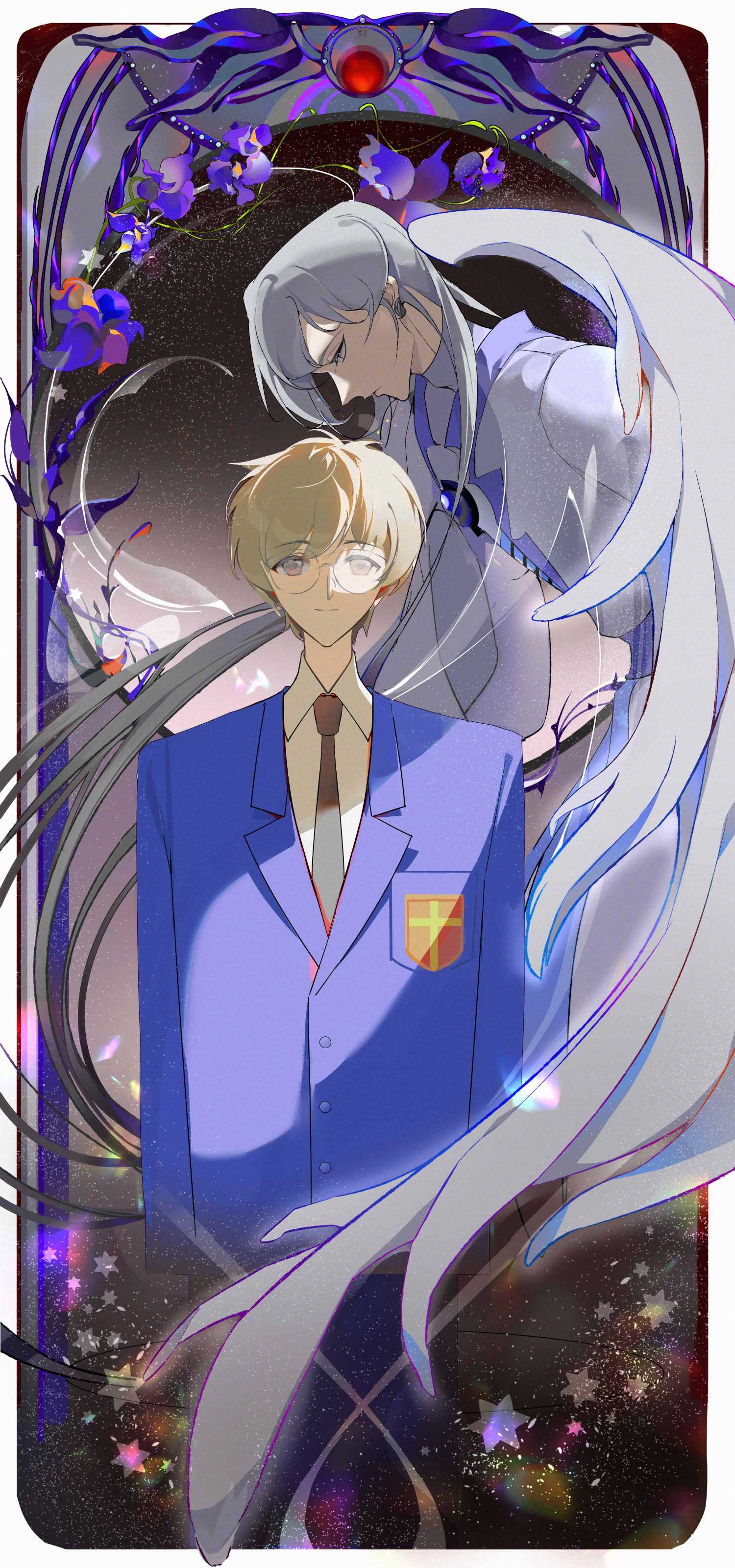 2boys, absurdres, blazer, brown_eyes, cardcaptor_sakura, closed_mouth, dual_persona, feathered_wings