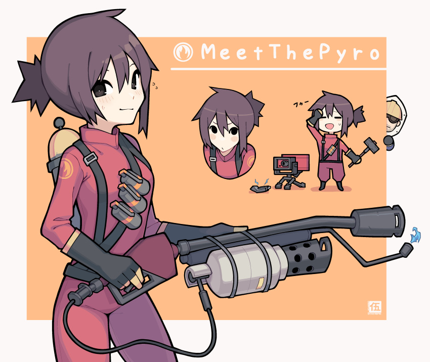 1boy, 1girl, absurdres, black_eyes, black_footwear, black_gloves, blu_spy_(tf2), blush_stickers
