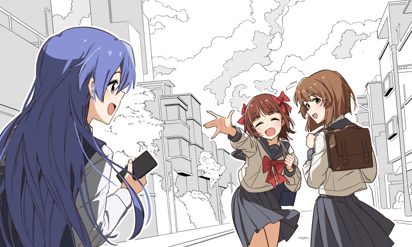 3girls, :d, absurdres, amami_haruka, bag, bakawahitori, blue_hair, blue_sailor_collar