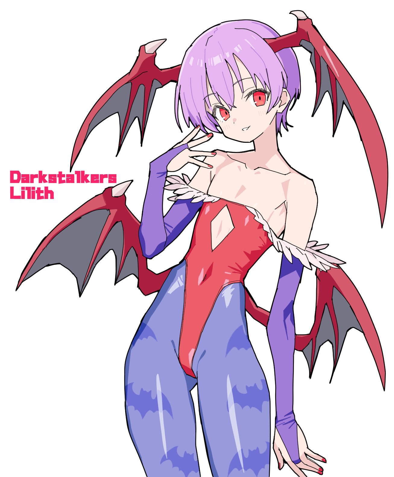 1girl, animal_print, bare_shoulders, bat_print, bat_wings, capcom, darkstalkers, demon_girl