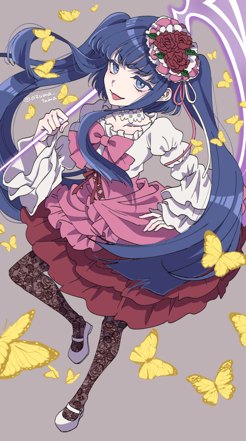 1girl, artist_name, blouse, blue_eyes, blue_hair, bow, bug, butterfly